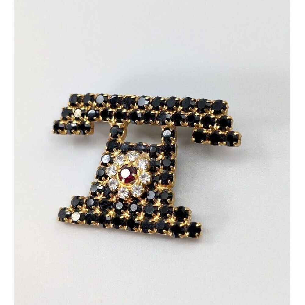 Vintage Telephone Rhinestone Brooch Black Gold Tone Rotary Old School Novelty - Picture 4 of 14
